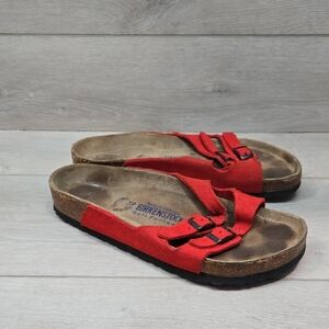 Birkenstock Women Red Suede Soft Footbed Sandals Shoes Sz 39/8